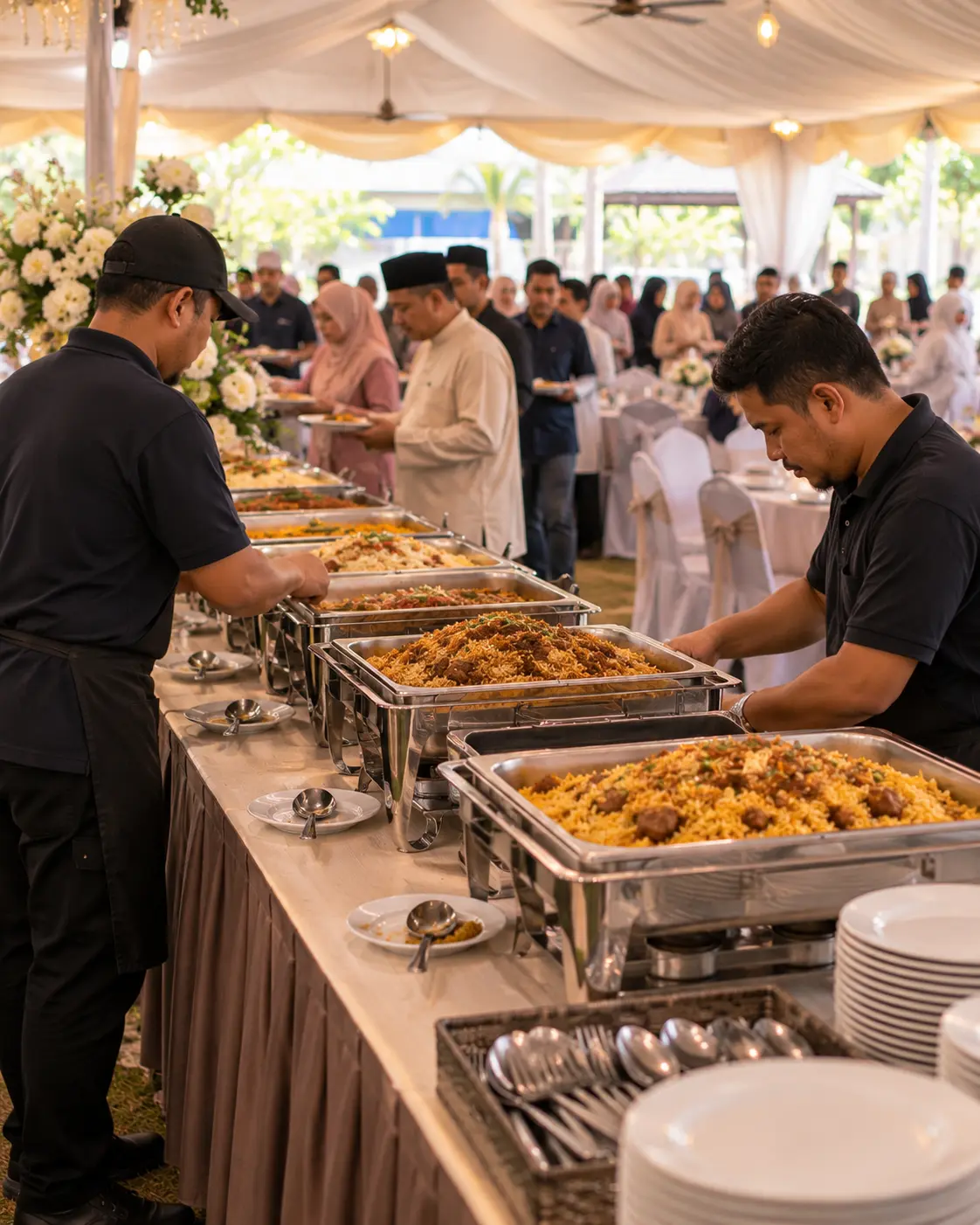 Susunan buffet katering nasi briyani Warung Pak Akob untuk majlis di Johor Bahru