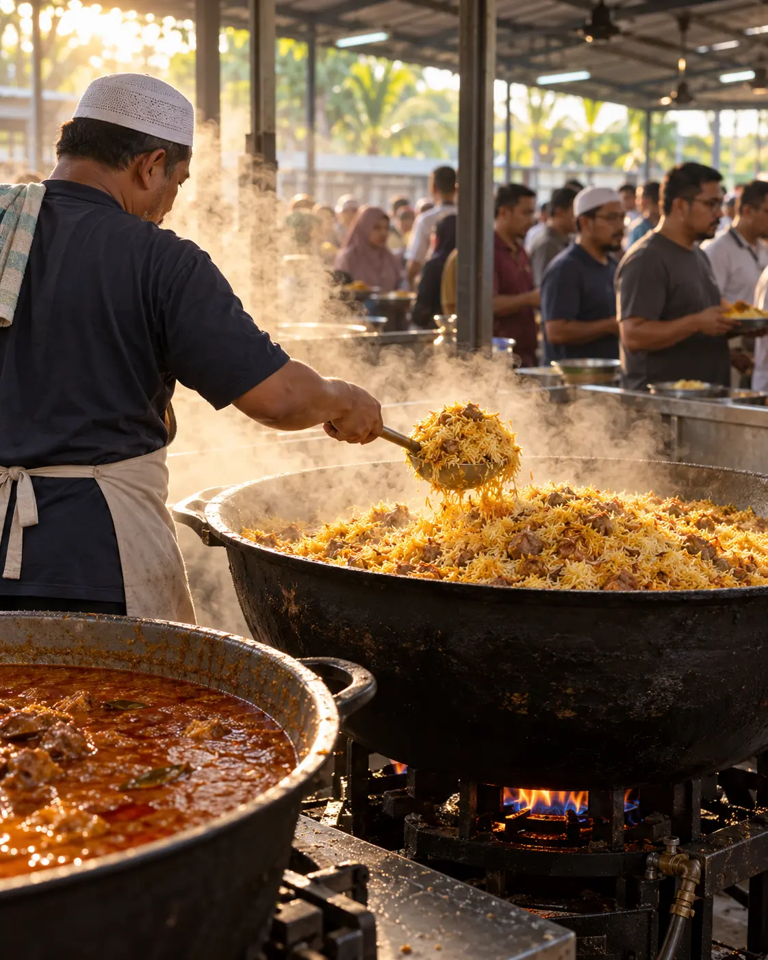 Pekerja menyenduk nasi briyani dari kawah besar di Warung Pak Akob, Johor Bahru