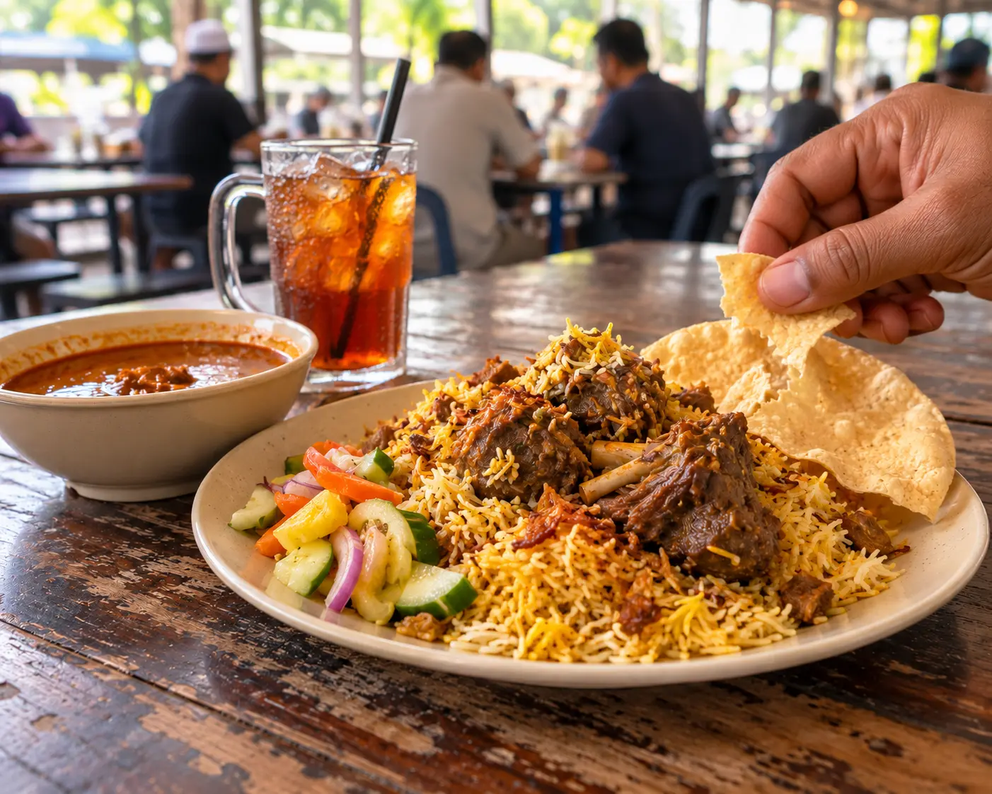Sepinggan nasi briyani kambing dengan acar, kuah dan papadom